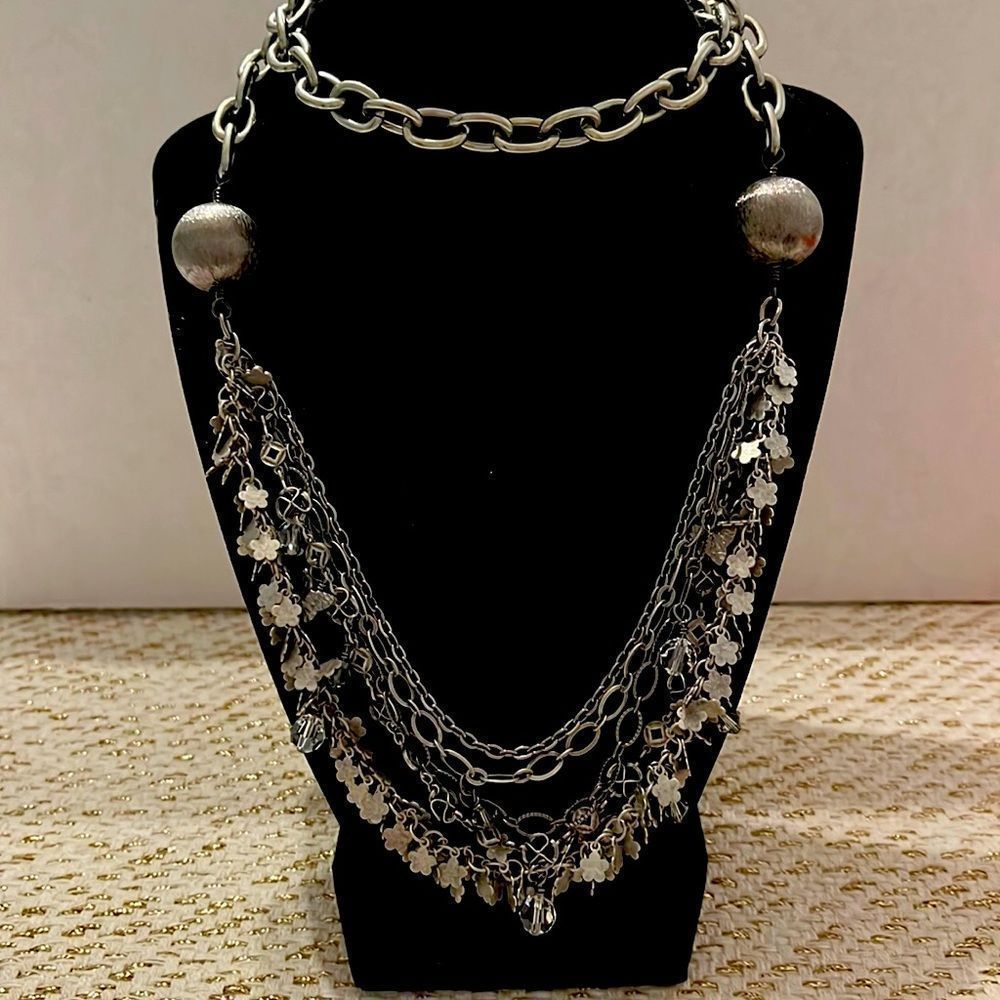 Handcrafted pewter butterfly flower crystal chain and ball necklace